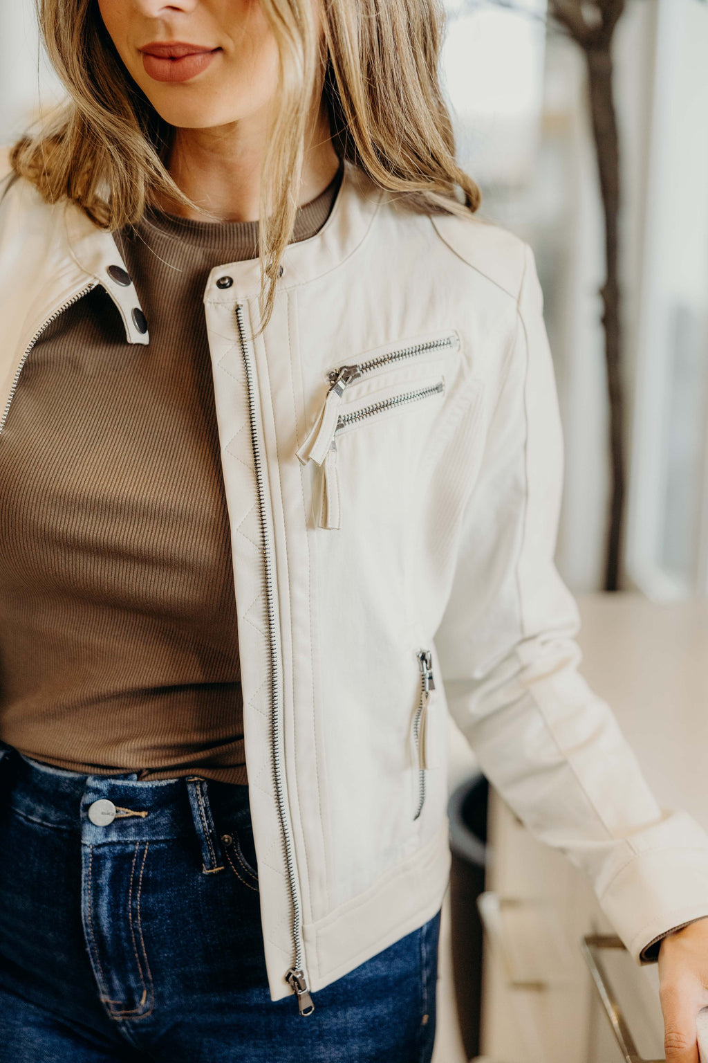 MOTO FAUX LEATHER JACKET IN WINTER WHITE FINAL SALE