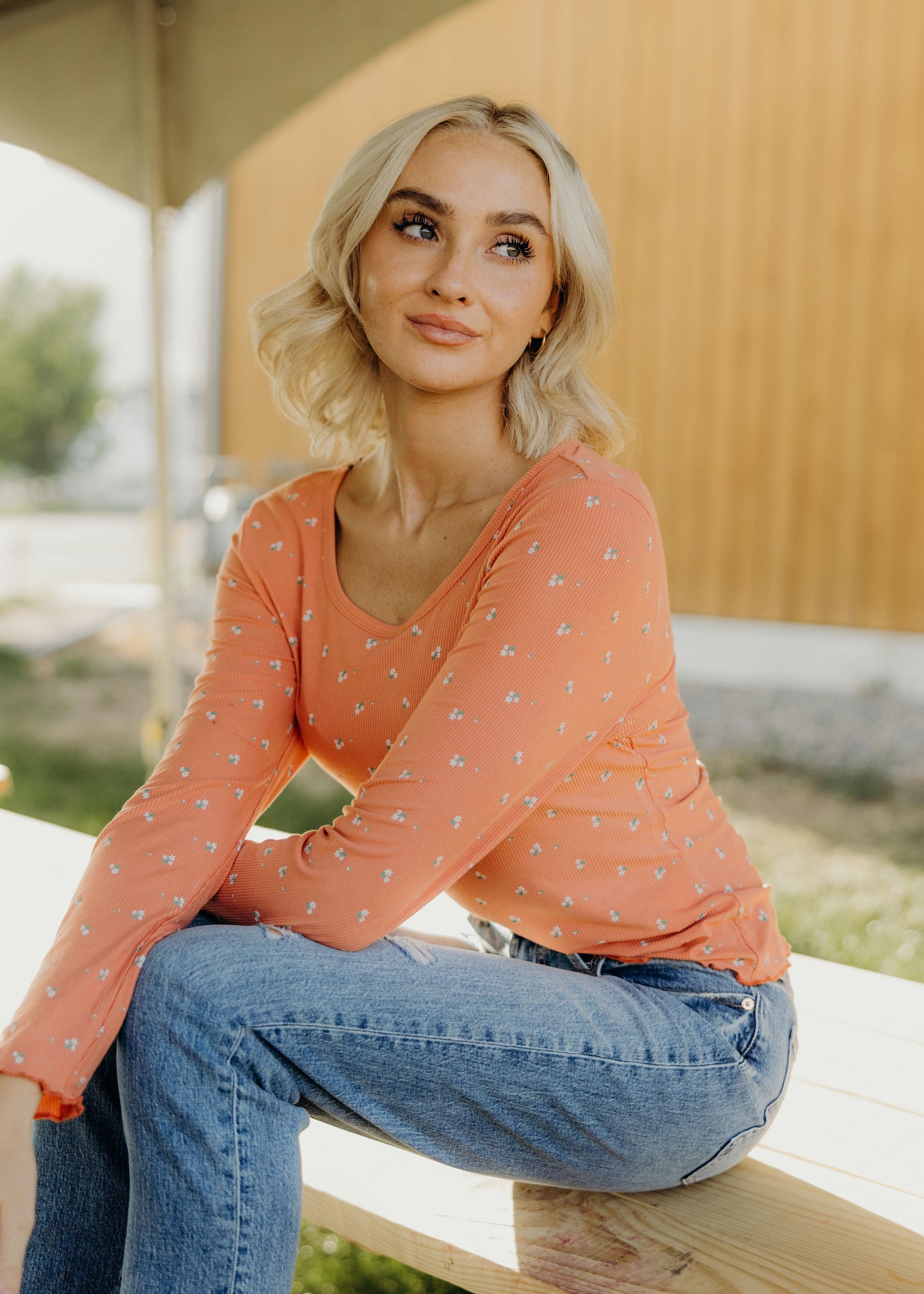 LONG SLEEVE RIBBED TEE IN TIGERLILY