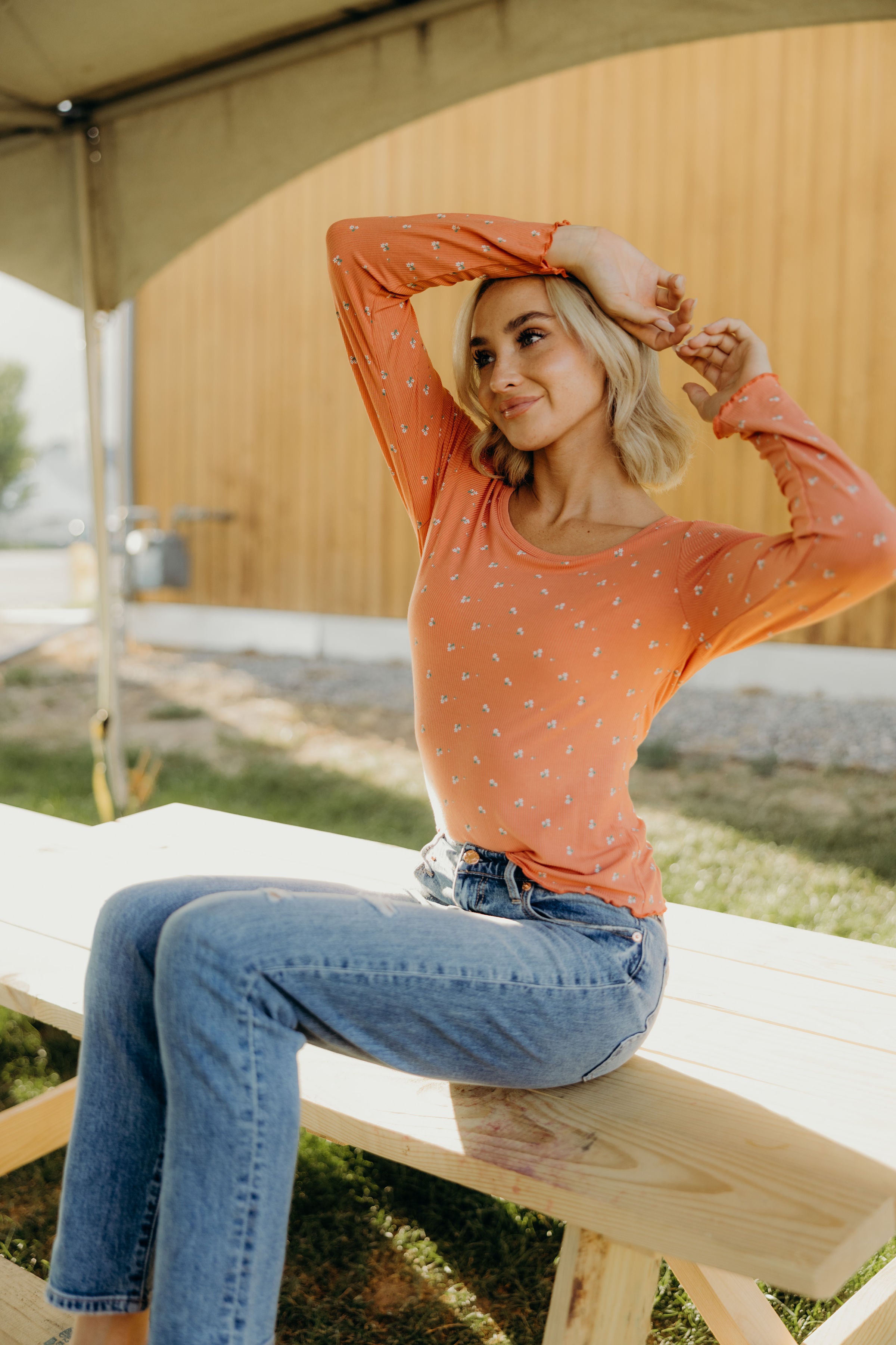 LONG SLEEVE RIBBED TEE IN TIGERLILY