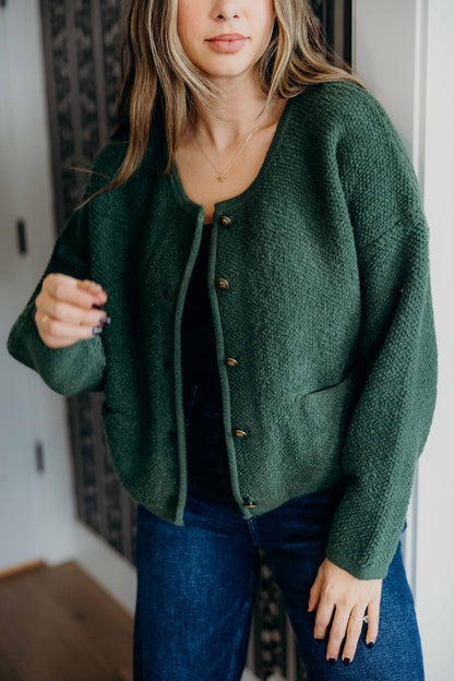 BUTTON FRONT CARDI IN FIR GREEN