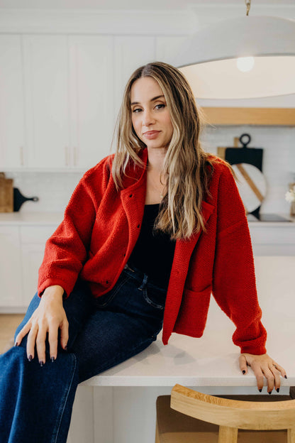 BUTTON FRONT CARDI IN RIBBON RED