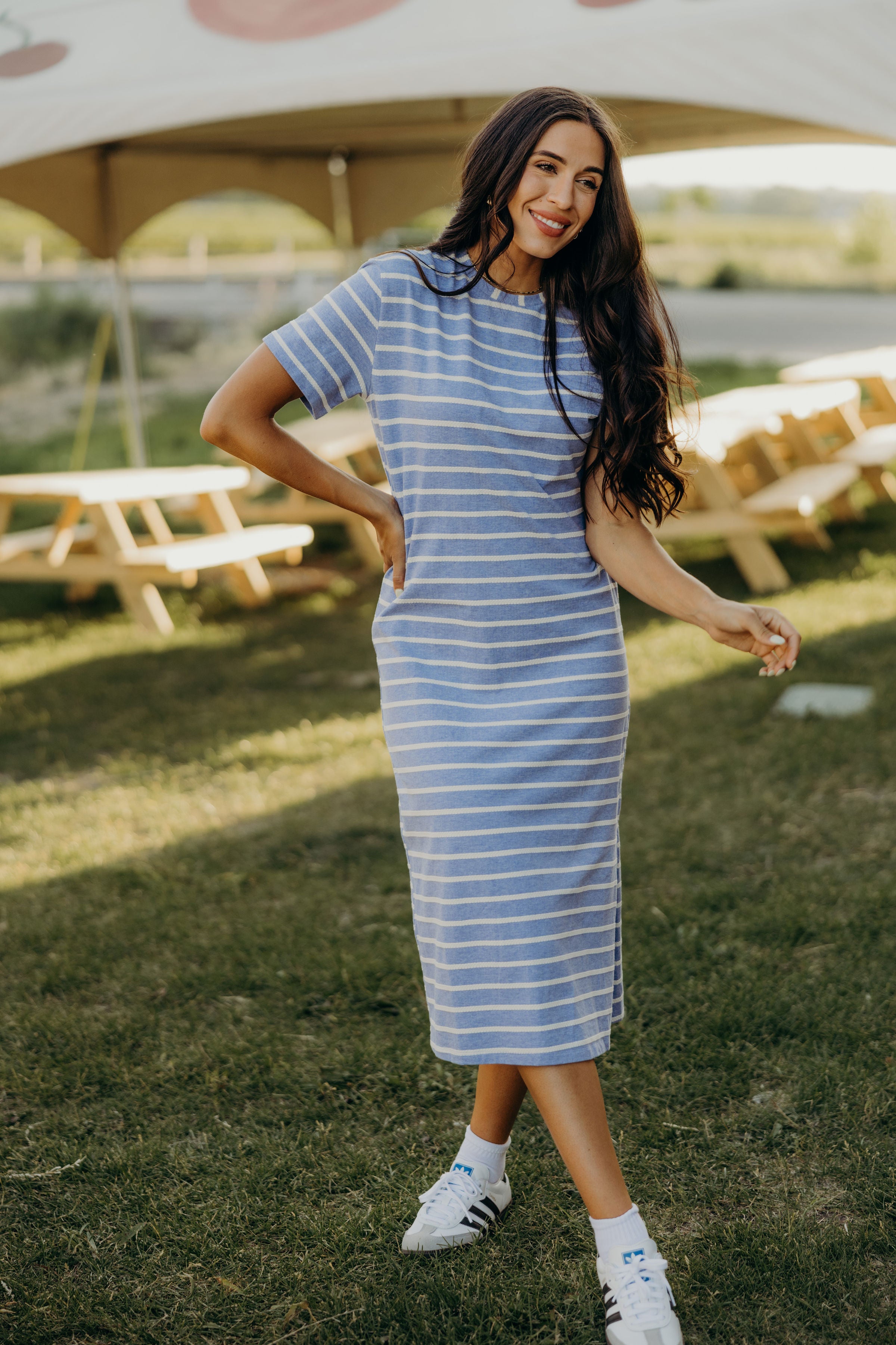 blue and white modest dress Women Brass & Roe Brass & Roe Lilly Wrap Dress Blue / L