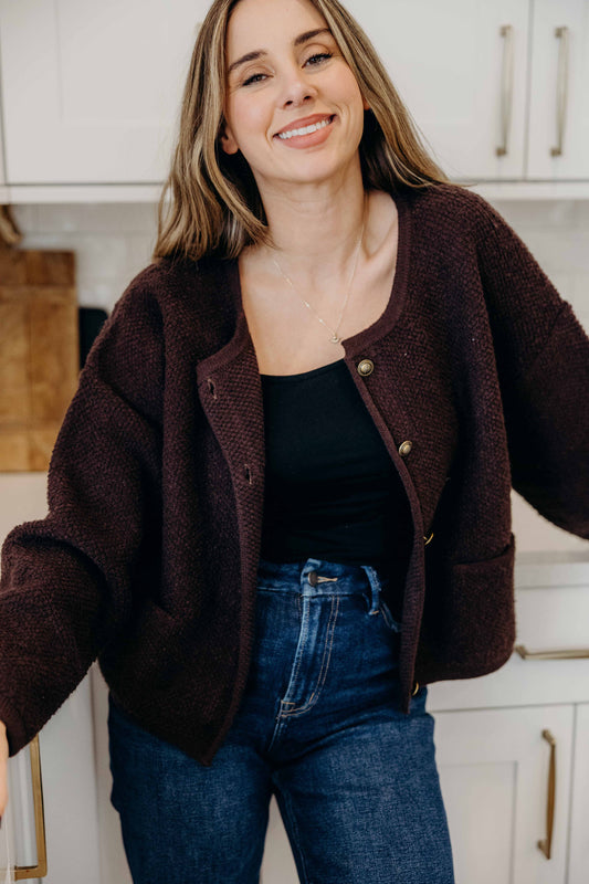 BUTTON FRONT CARDI IN CHOCOLATE CHIP