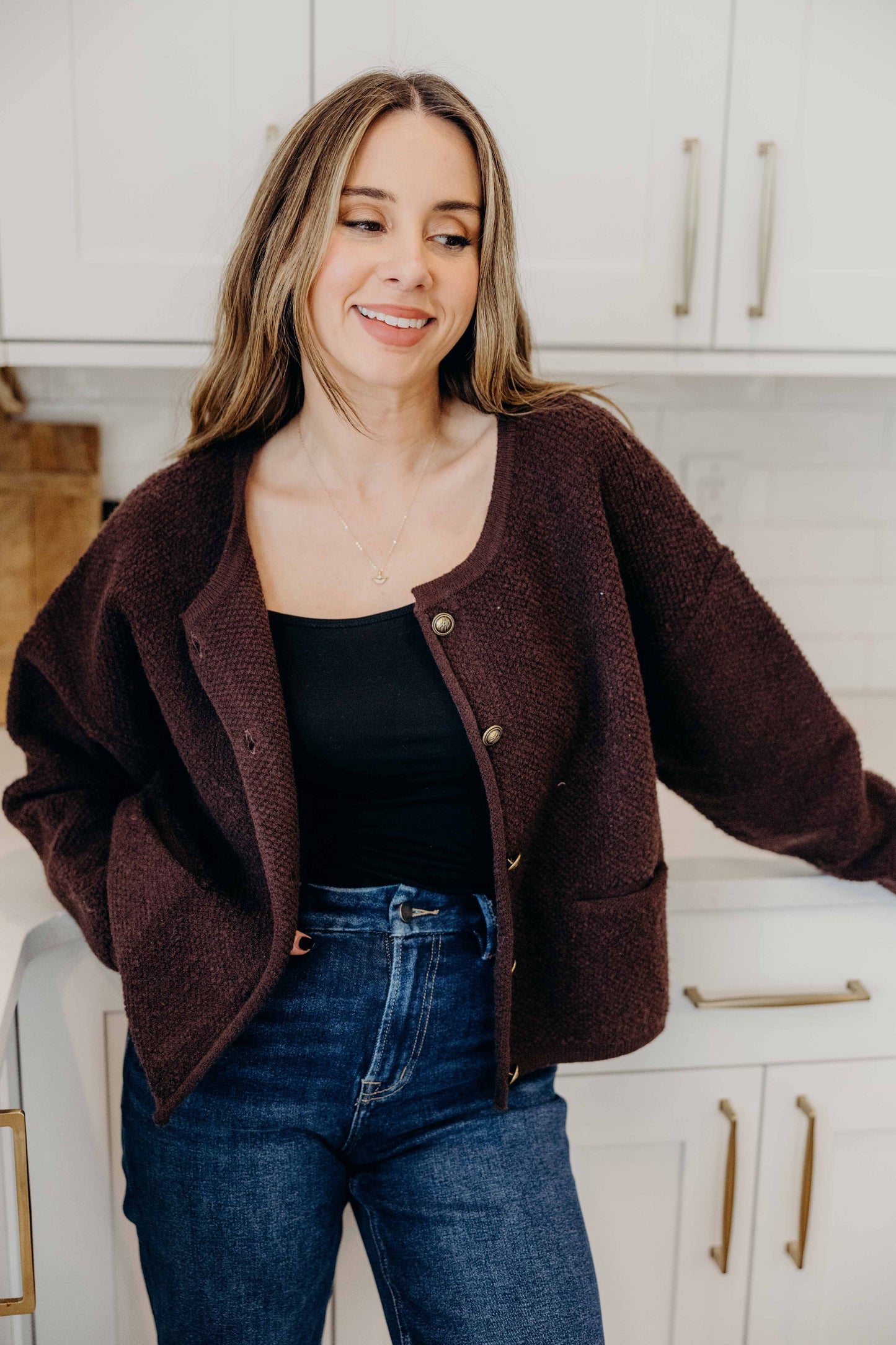 BUTTON FRONT CARDI IN CHOCOLATE CHIP