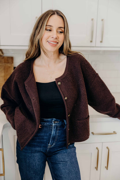 BUTTON FRONT CARDI IN CHOCOLATE CHIP