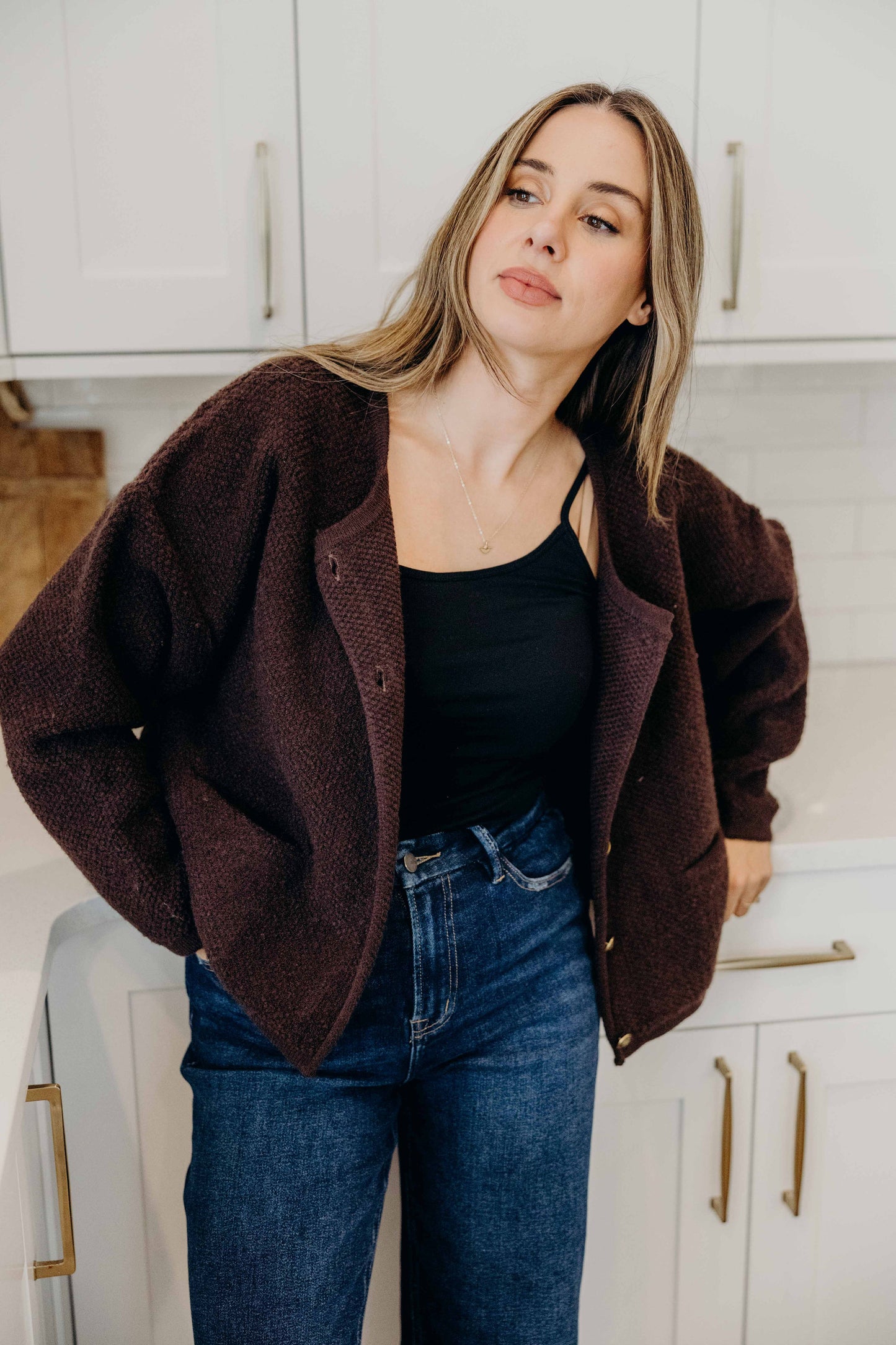BUTTON FRONT CARDI IN CHOCOLATE CHIP