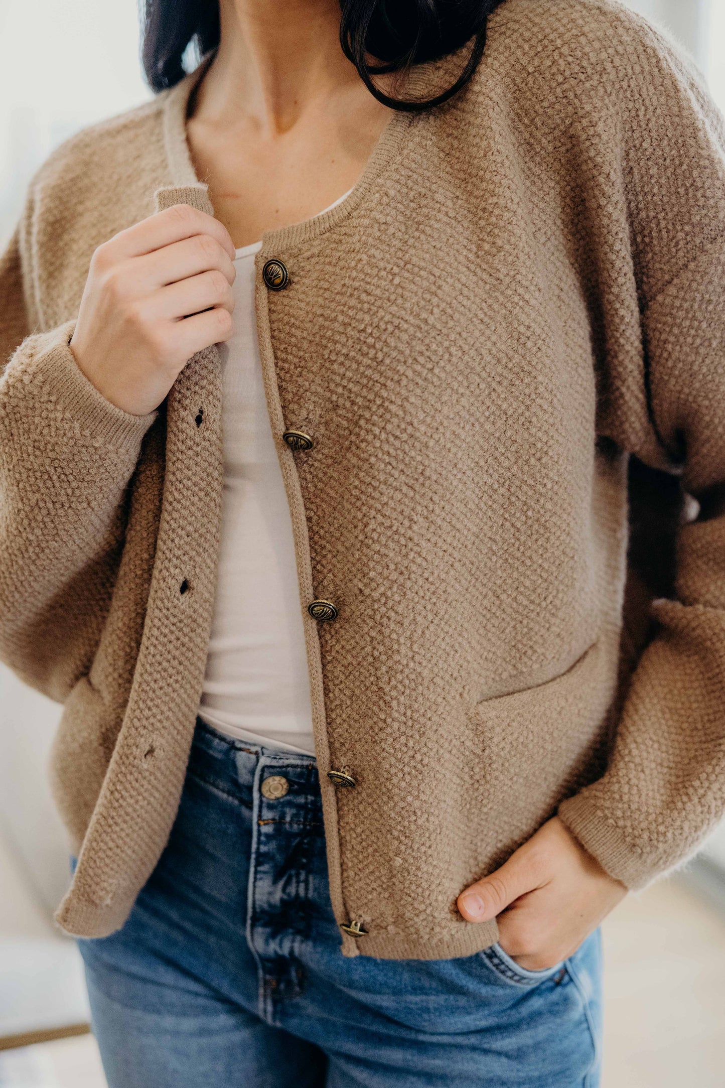 BUTTON FRONT CARDI IN SESAME