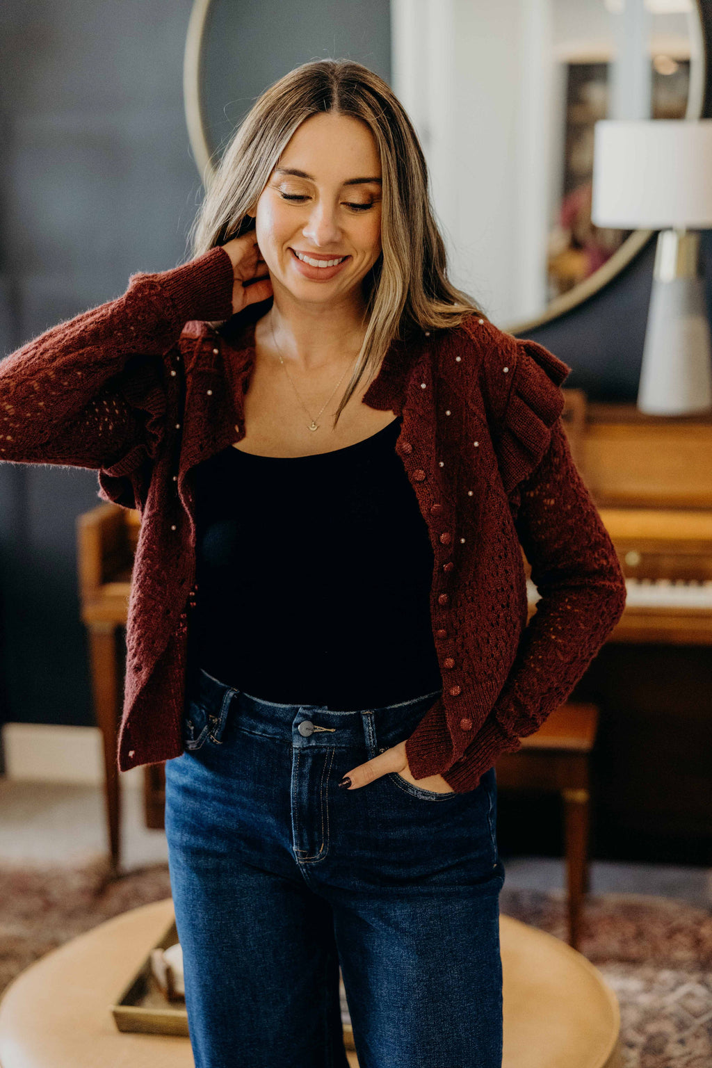 CROCHET CARDIGAN IN BORDEAUX