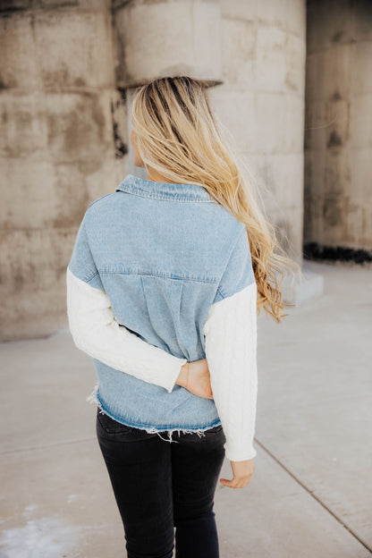 MIXED MEDIA DENIM JACKET IN LIGHT WASH