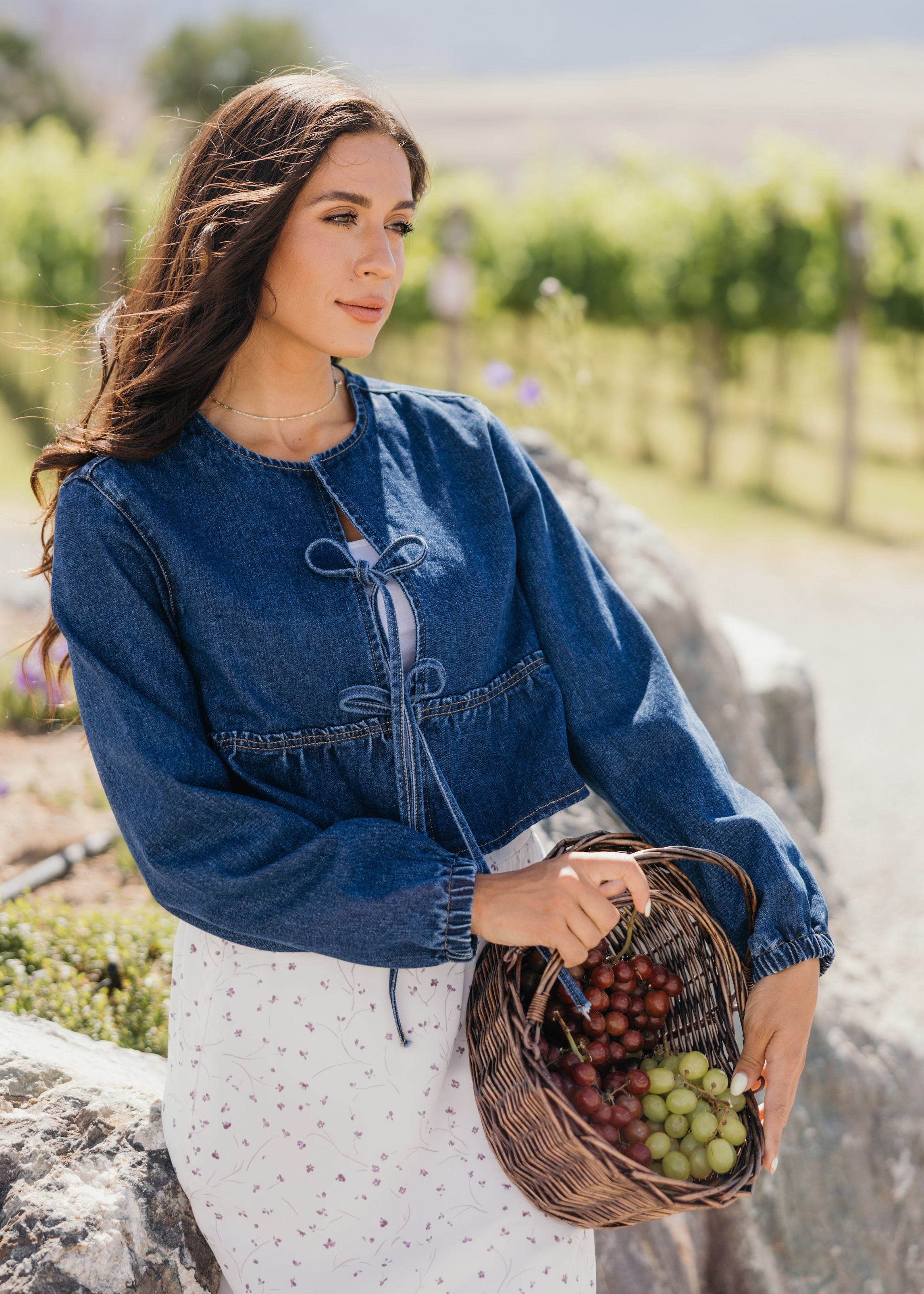 BOW CROPPED JACKET IN BLUE DENIM