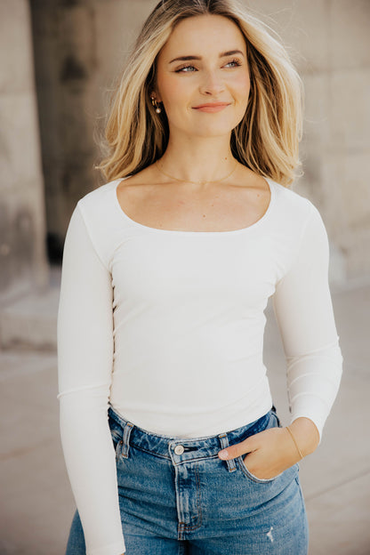 RIBBED LONG SLEEVE BODYSUIT IN IVORY