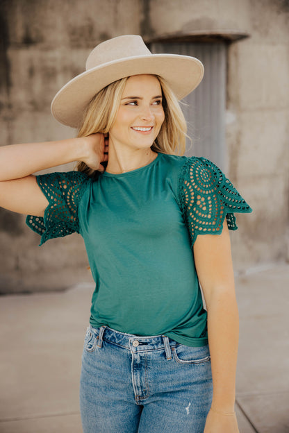 CROCHET SLEEVE TOP IN EMERALD FINAL SALE