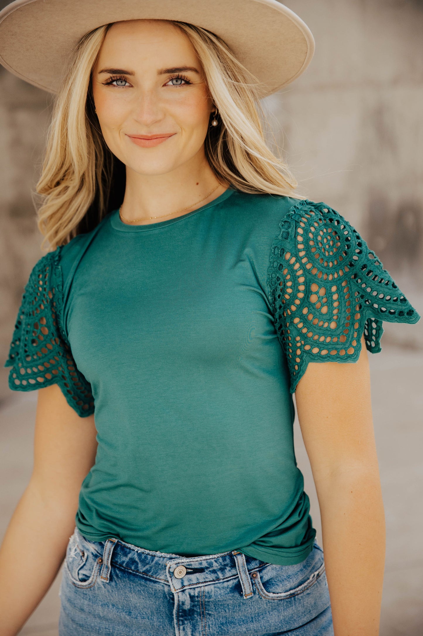 CROCHET SLEEVE TOP IN EMERALD FINAL SALE