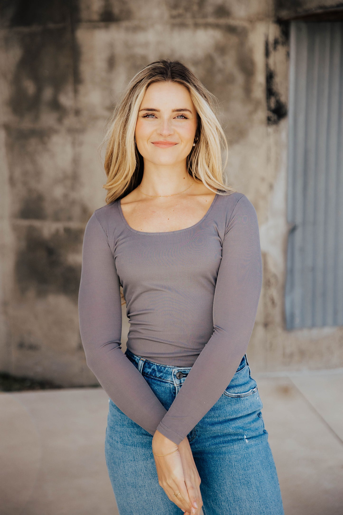 RIBBED LONG SLEEVE BODYSUIT IN CLOUDBURST