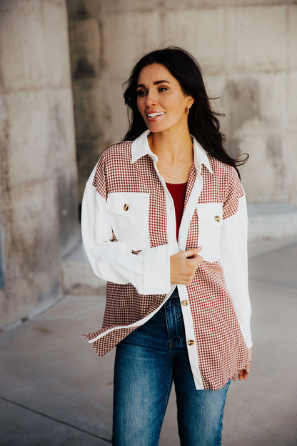 HOUNDSTOOTH CORDUROY JACKET IN CRANBERRY