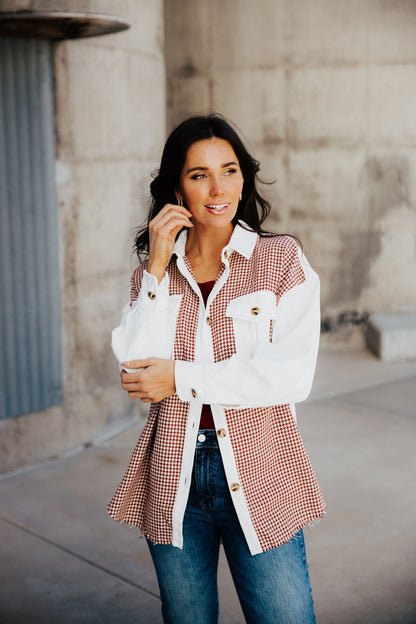 HOUNDSTOOTH CORDUROY JACKET IN CRANBERRY