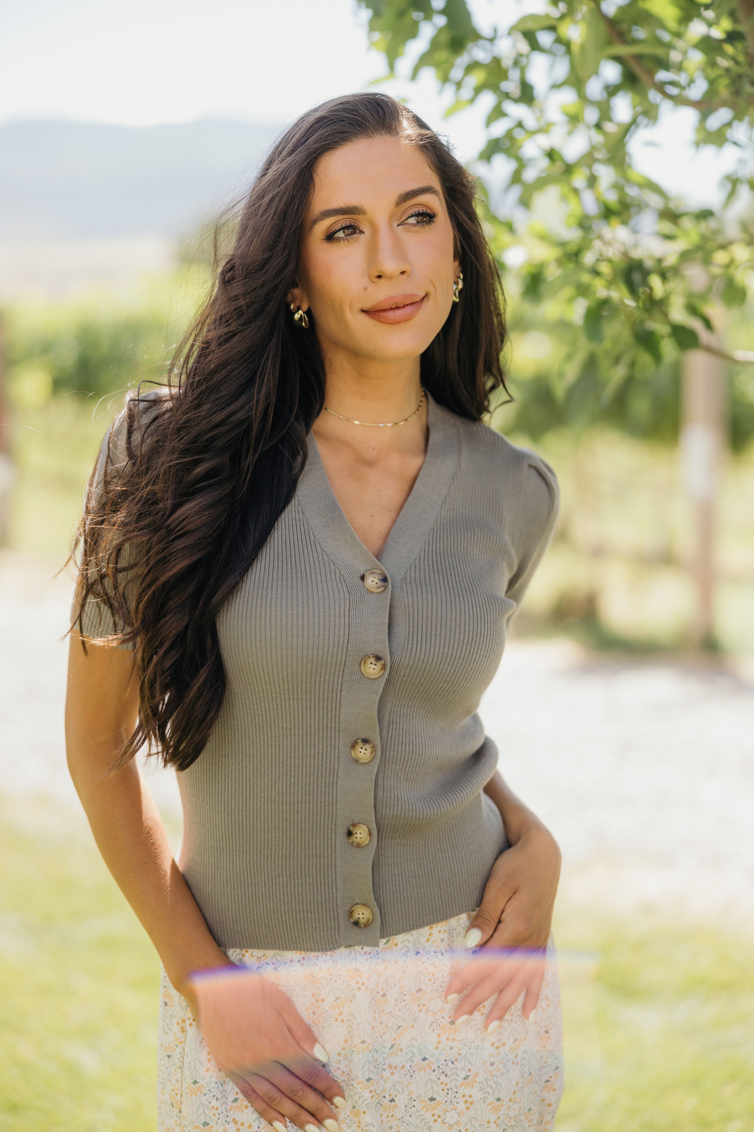 SHORT SLEEVE CARDIGAN IN MOSS GRAY FINAL SALE