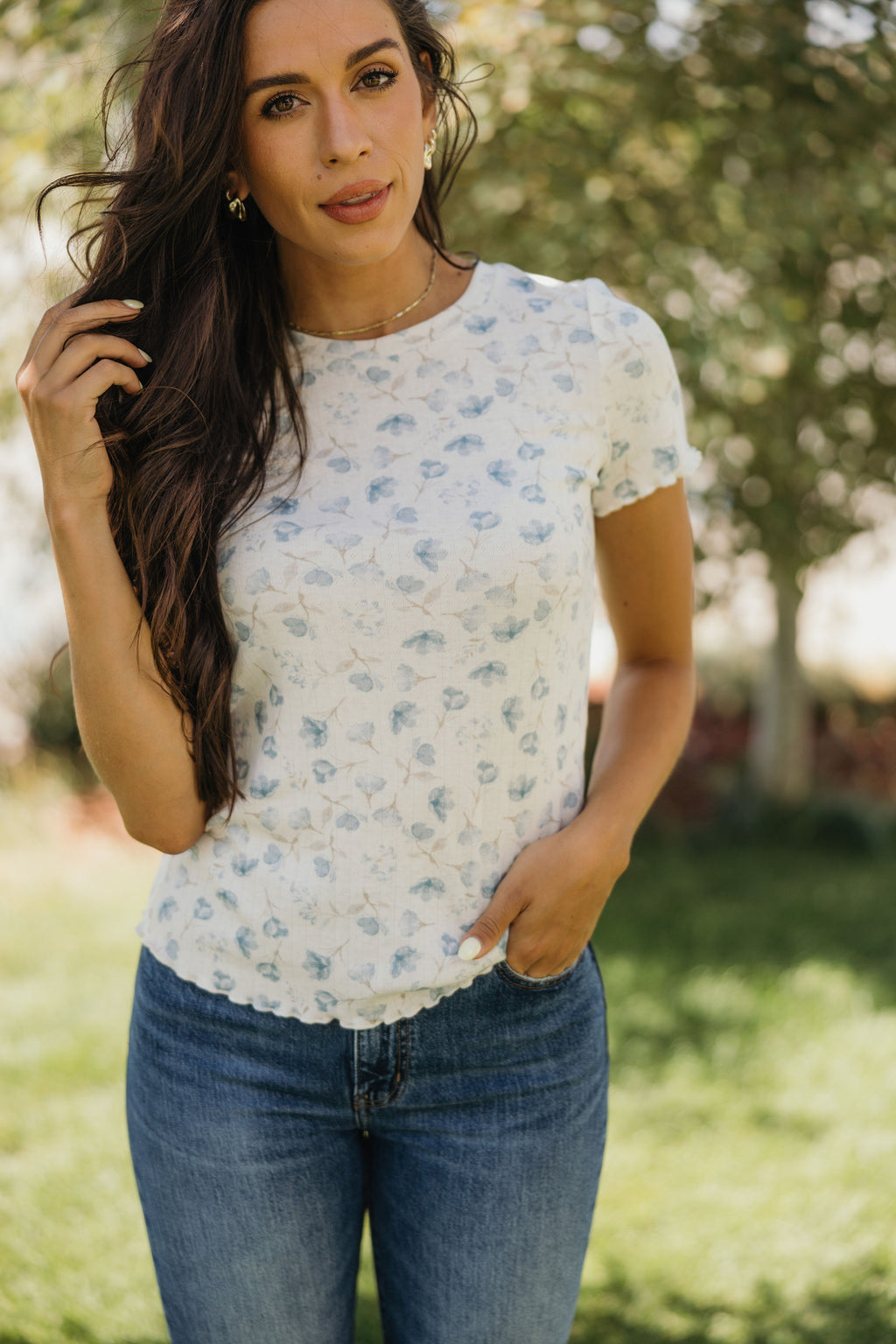 LETTUCE EDGE TEE IN BLUE HORIZON BLOOM