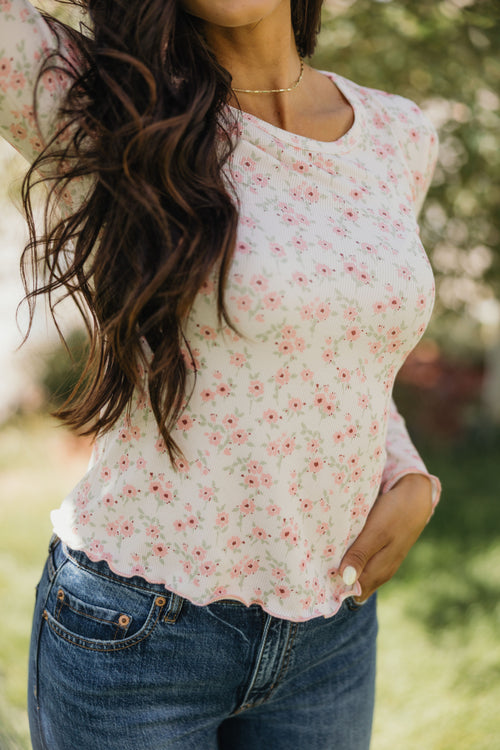 LONG SLEEVE RIBBED TEE IN PINK CONFETTI FINAL SALE