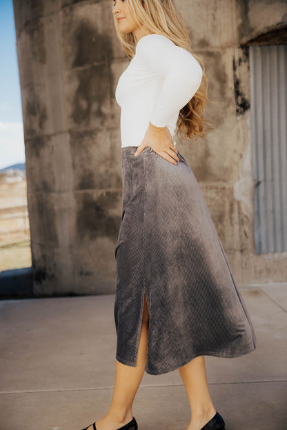 VELVET CORD SKIRT IN DARK GRAY