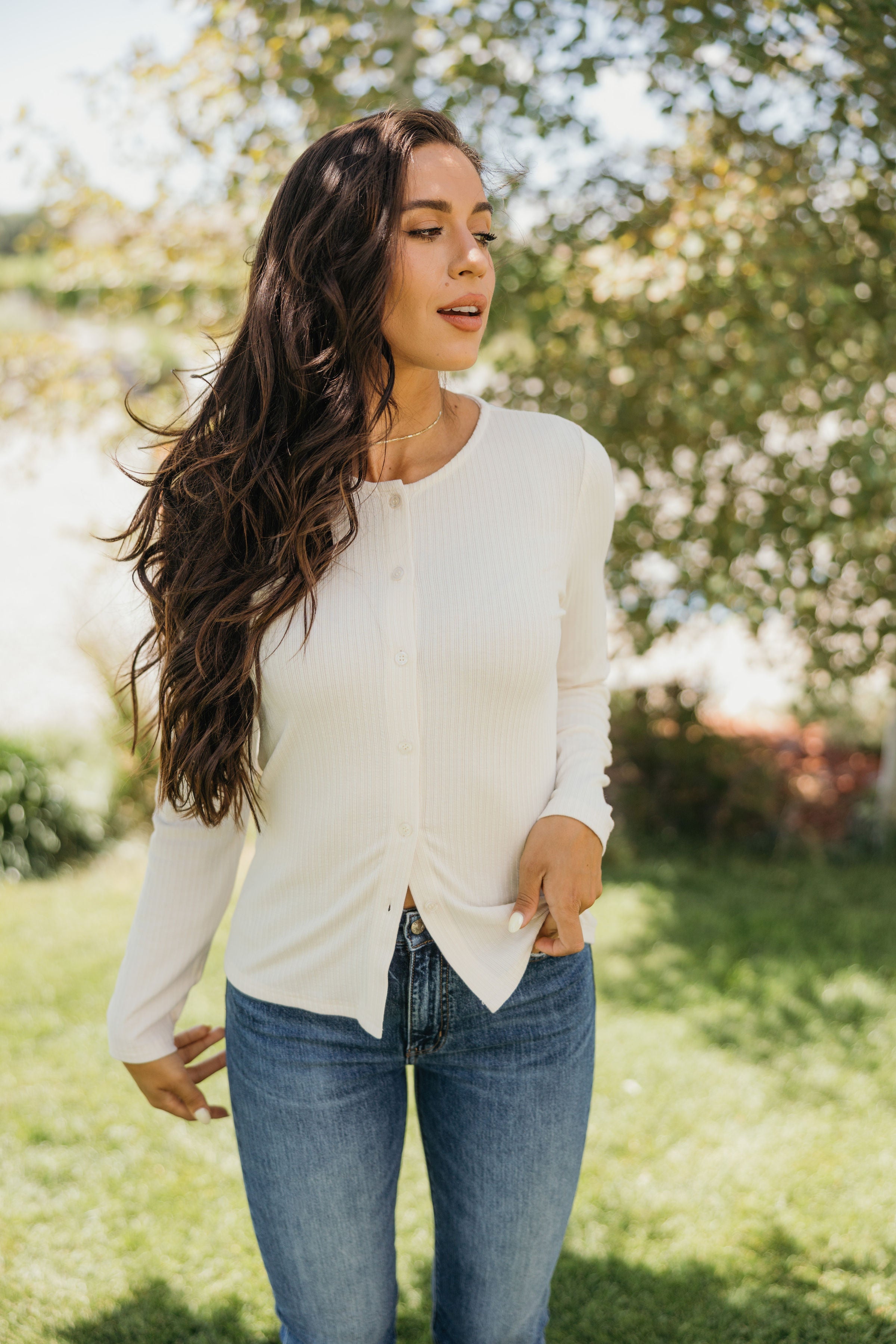 POINTELLE BUTTON CARDIGAN IN BUTTER