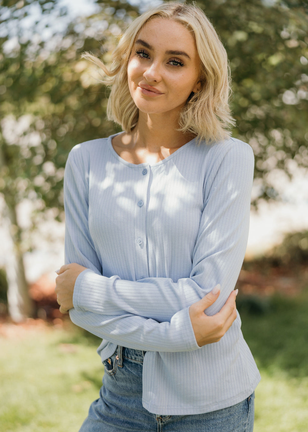 POINTELLE BUTTON CARDIGAN IN PERIWINKLE FINAL SALE