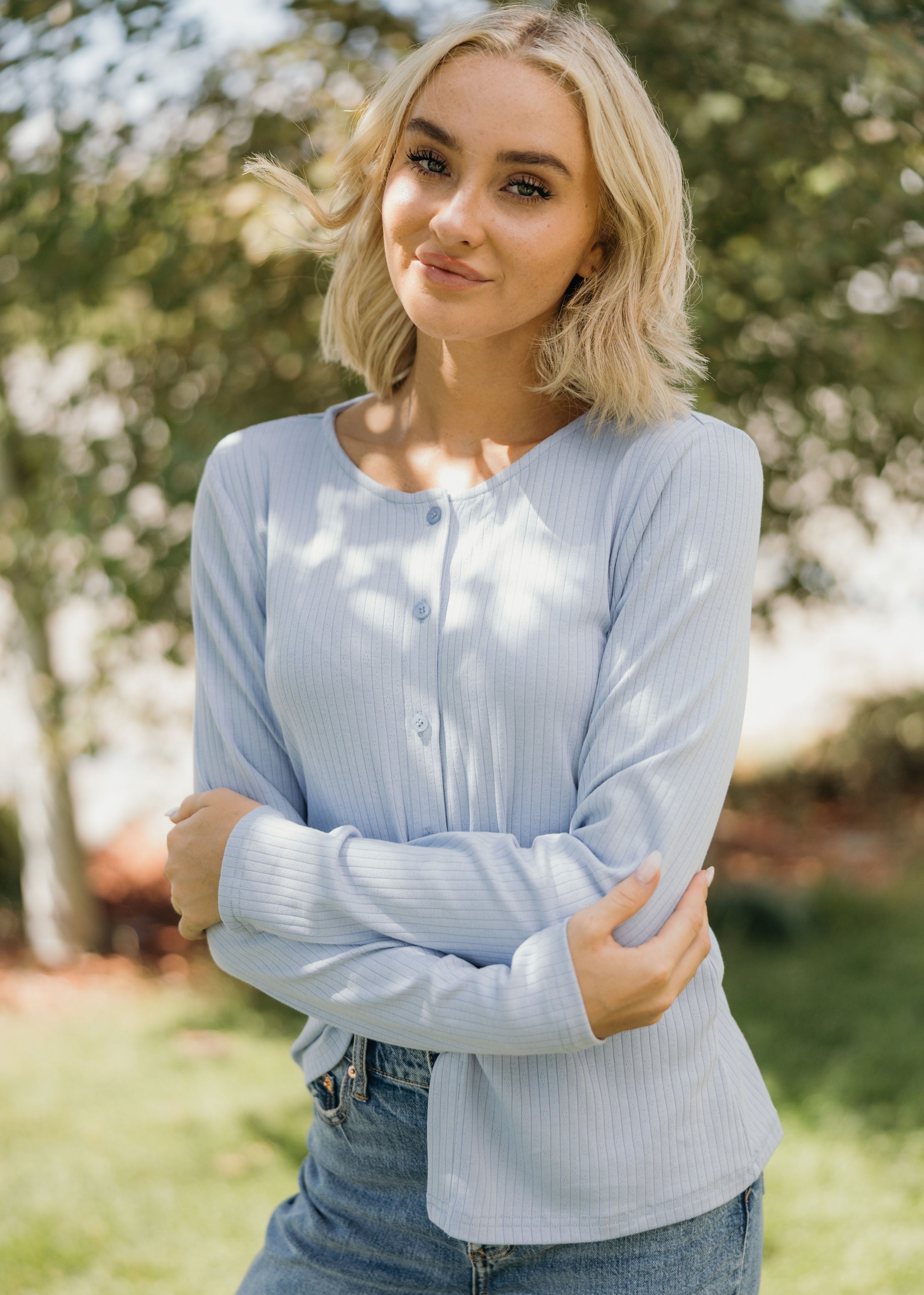POINTELLE BUTTON CARDIGAN IN PERIWINKLE FINAL SALE