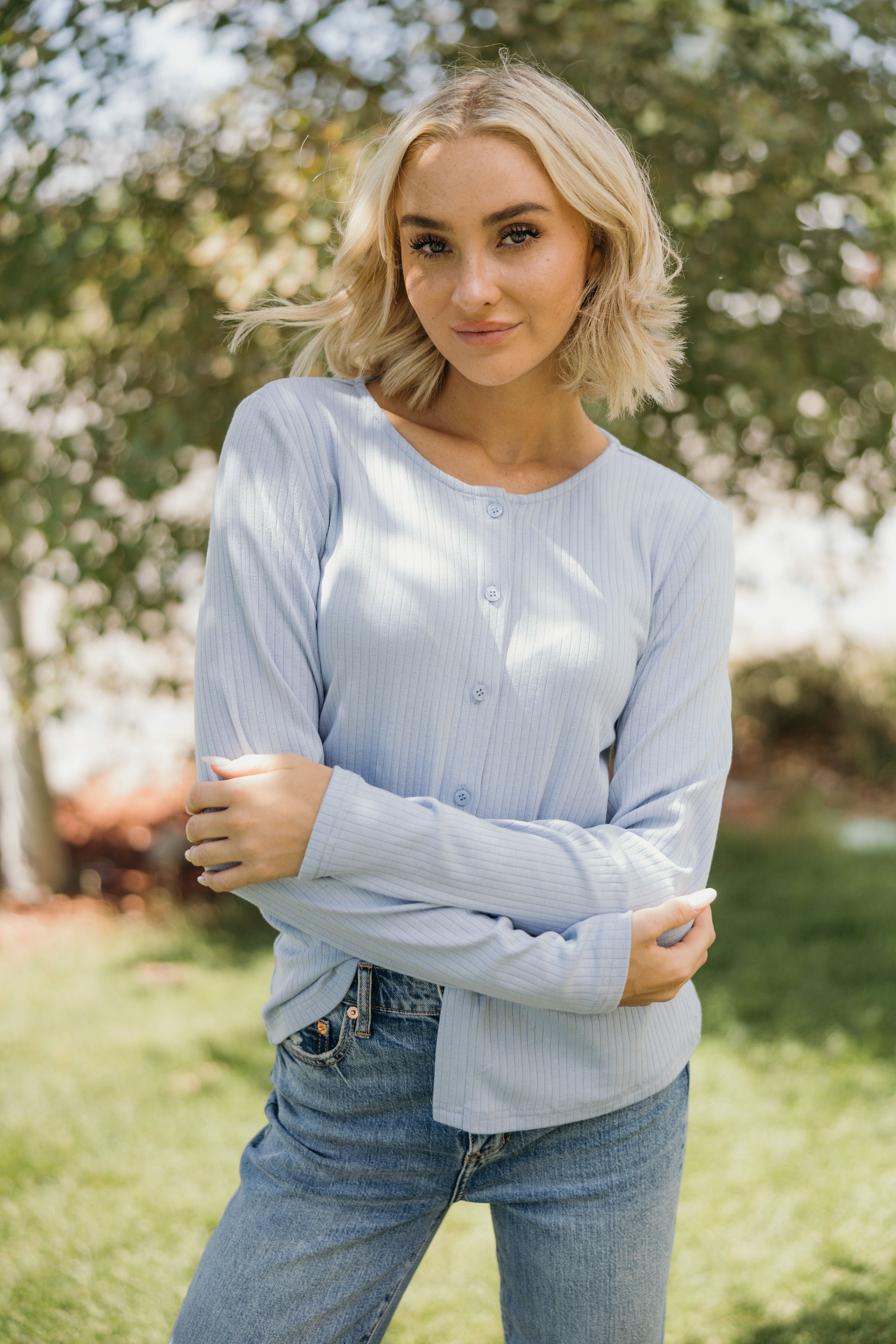 POINTELLE BUTTON CARDIGAN IN PERIWINKLE FINAL SALE