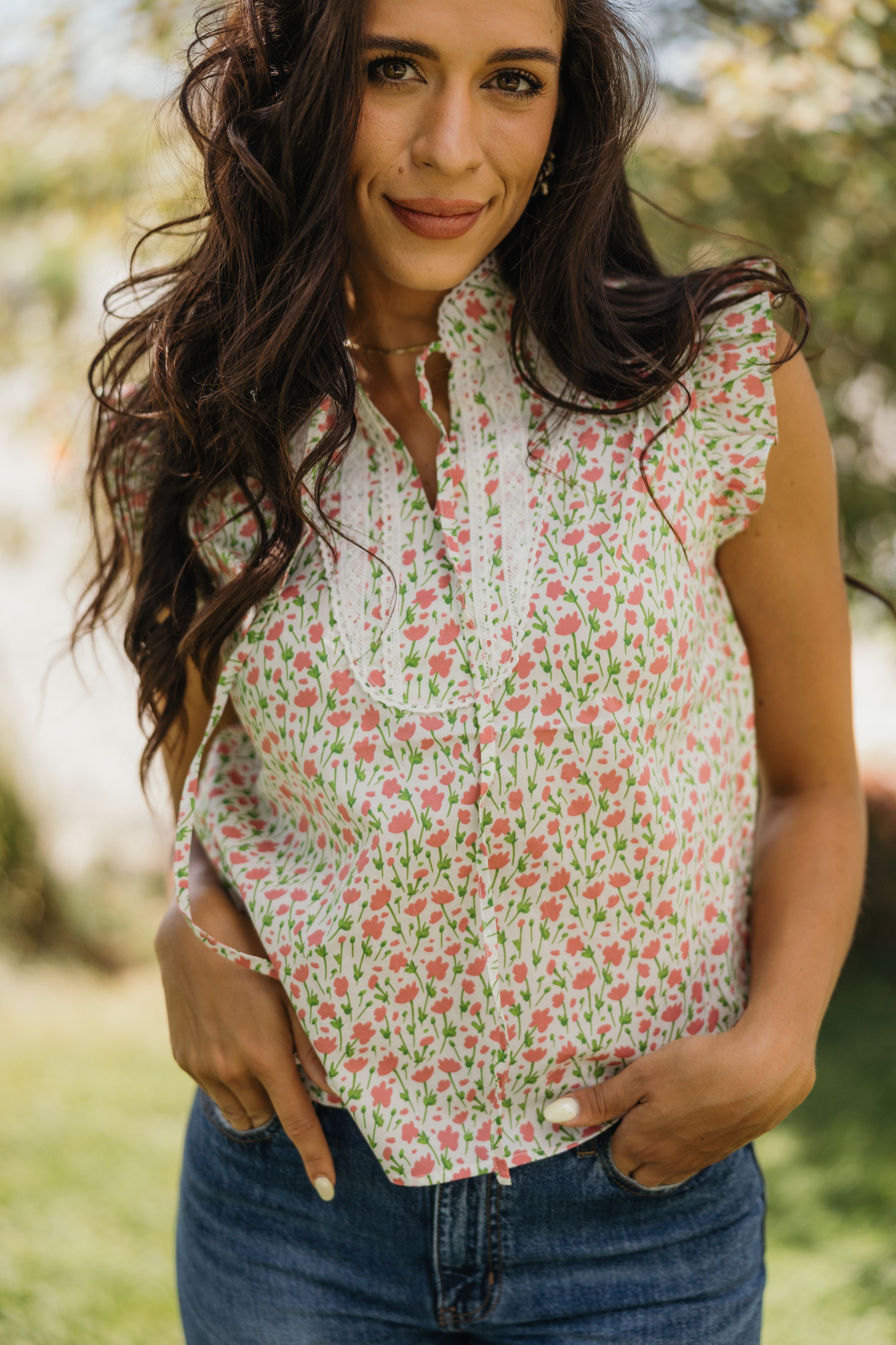 PINTUCK FLUTTER BLOUSE IN PEONY PICNIC