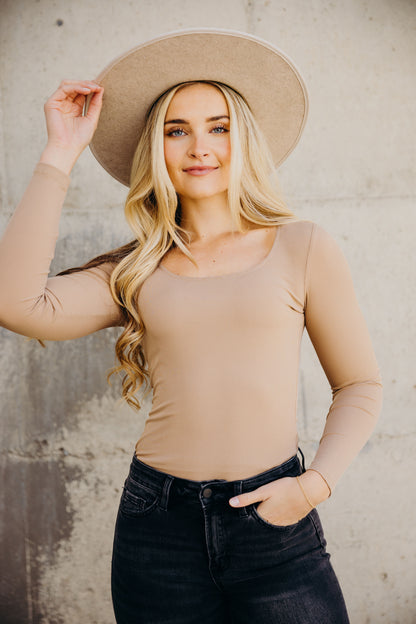 RIBBED LONG SLEEVE BODYSUIT IN NUDE