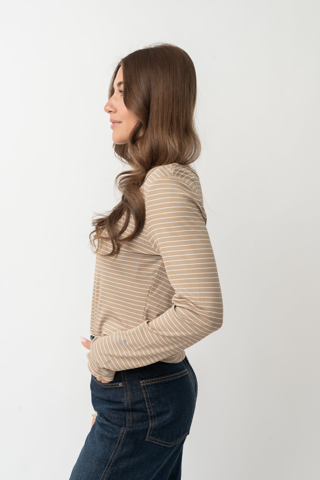 LONG SLEEVE RIBBED TEE IN BEIGE STRIPE FINAL SALE