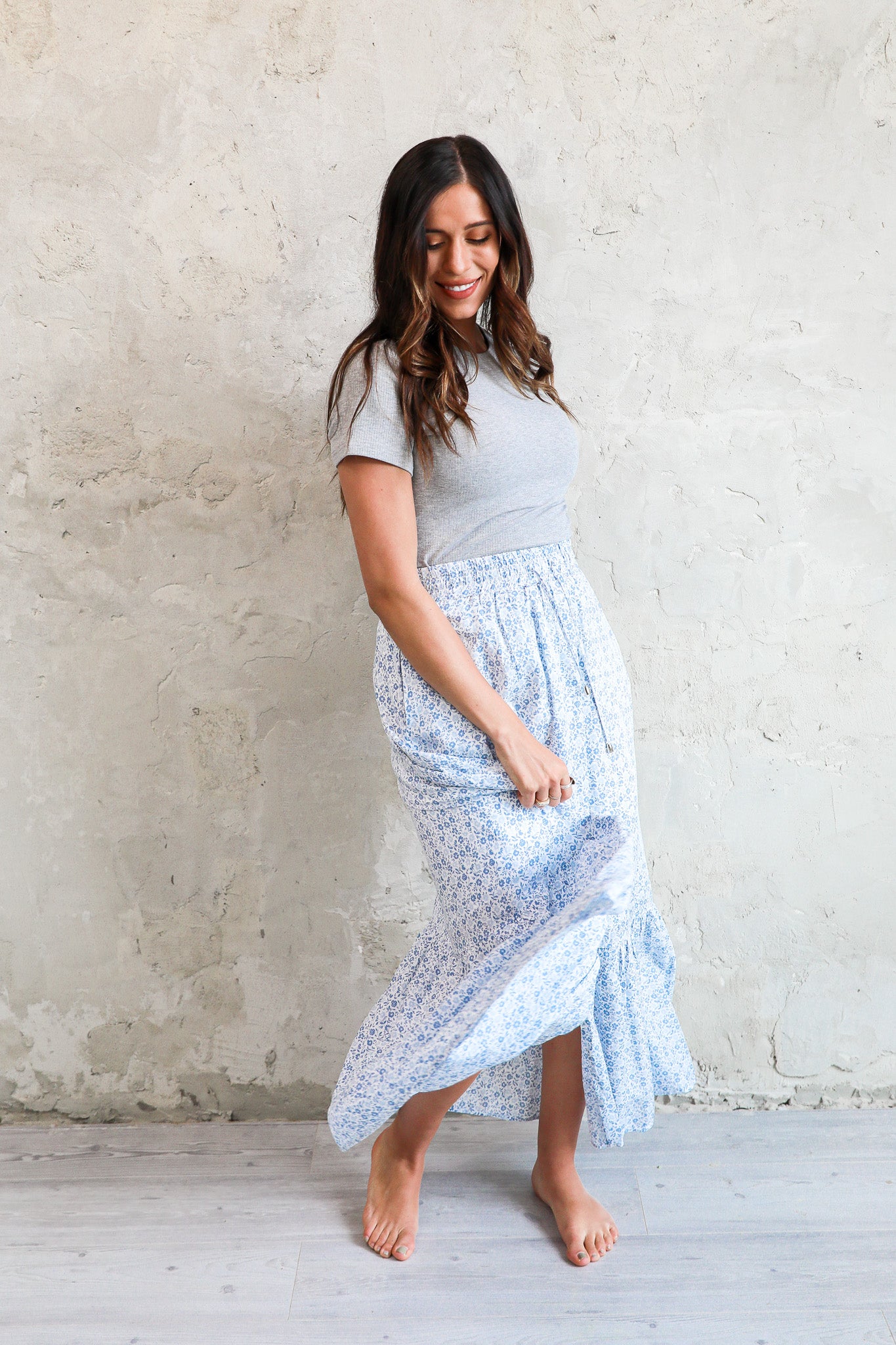 DRAWSTRING MAXI SKIRT IN DENIM POPPY