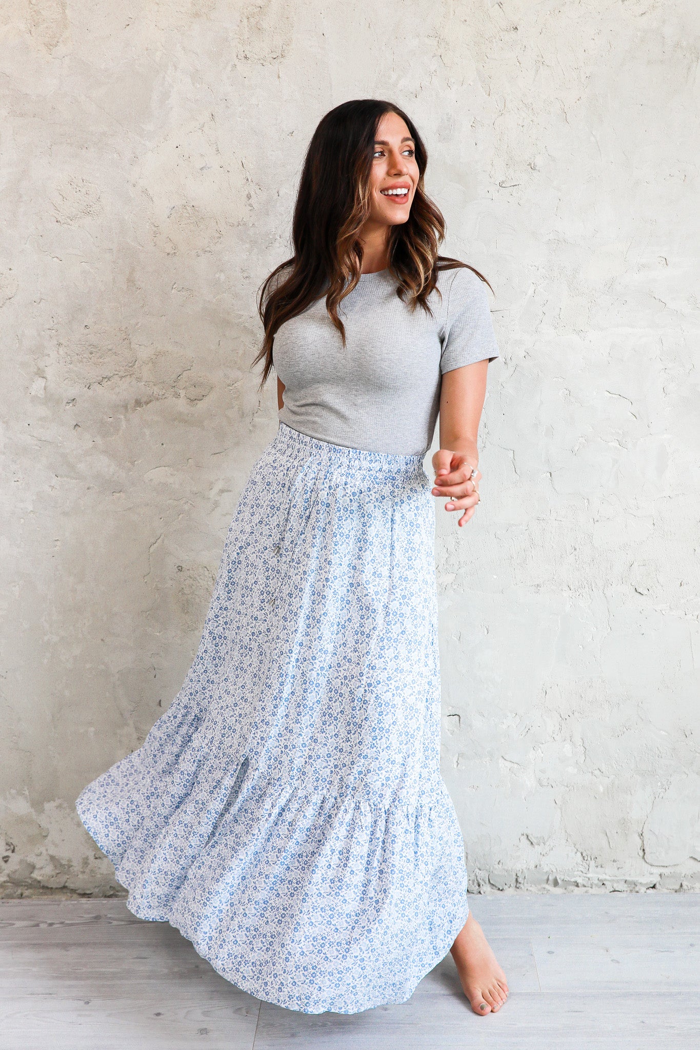 DRAWSTRING MAXI SKIRT IN DENIM POPPY