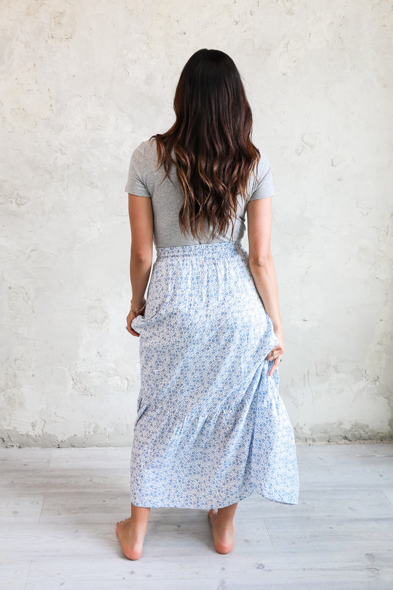 DRAWSTRING MAXI SKIRT IN DENIM POPPY