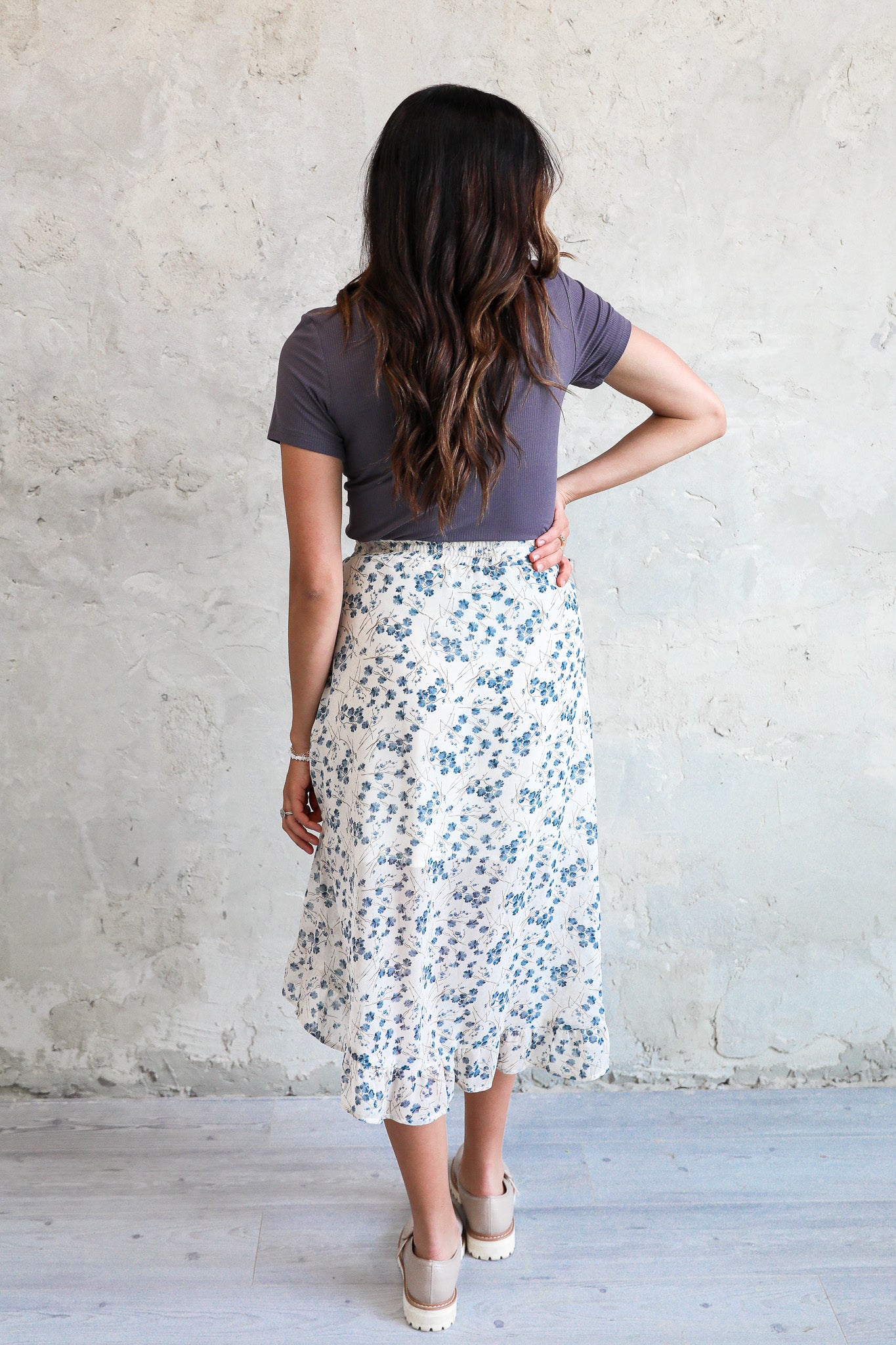 HIGH LOW RUFFLE SKIRT IN FRENCH BLUE