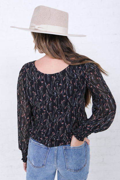 SMOCKED CUFF BLOUSE IN BLACK VINES FINAL SALE