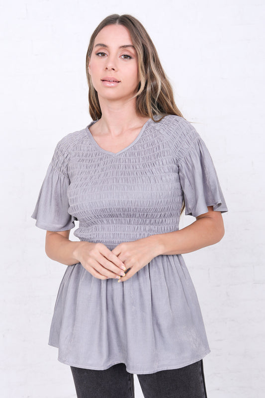 SMOCKED FLUTTER SLEEVE TOP IN ICE GRAY FINAL SALE