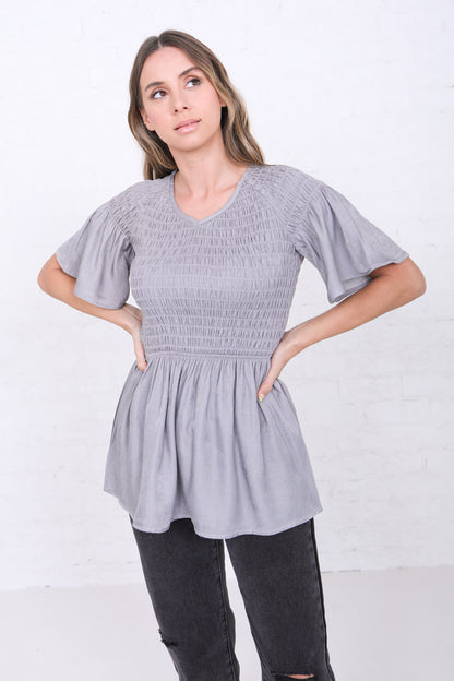 SMOCKED FLUTTER SLEEVE TOP IN ICE GRAY FINAL SALE