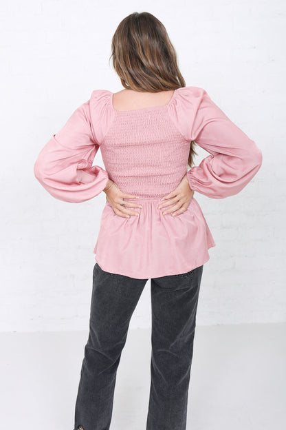 SMOCKED LONG SLEEVE TOP IN MAUVE FINAL SALE