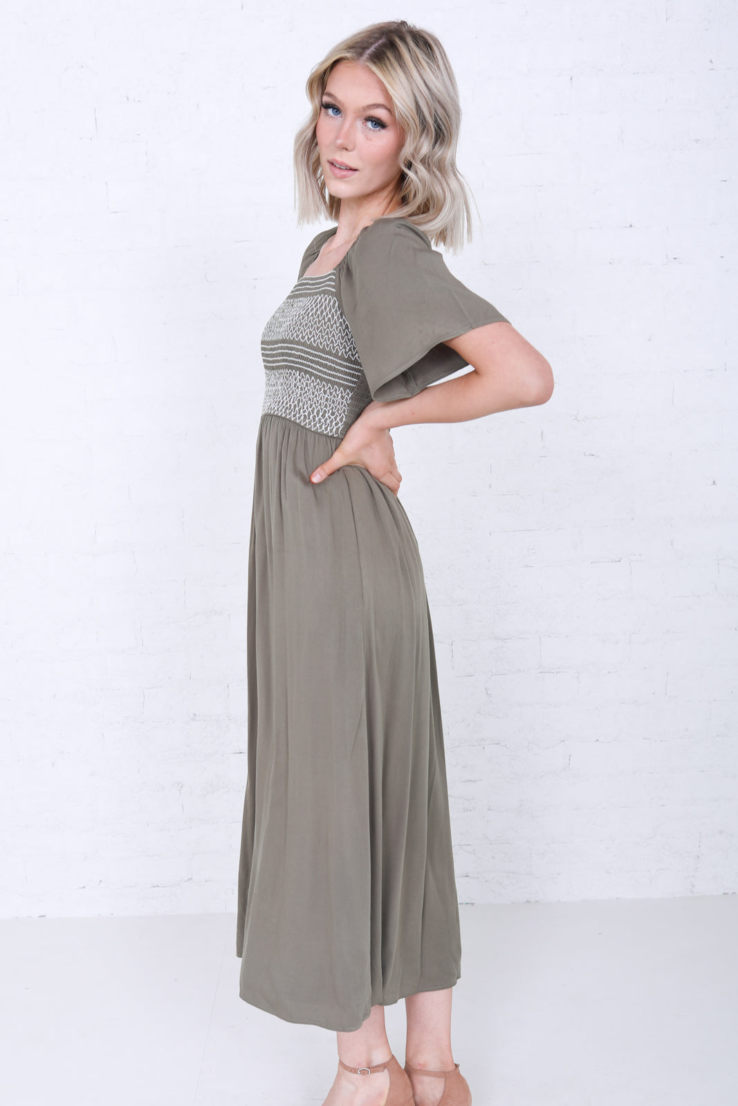 THE CELESTE IN DUSTY OLIVE EMBROIDERY FINAL SALE