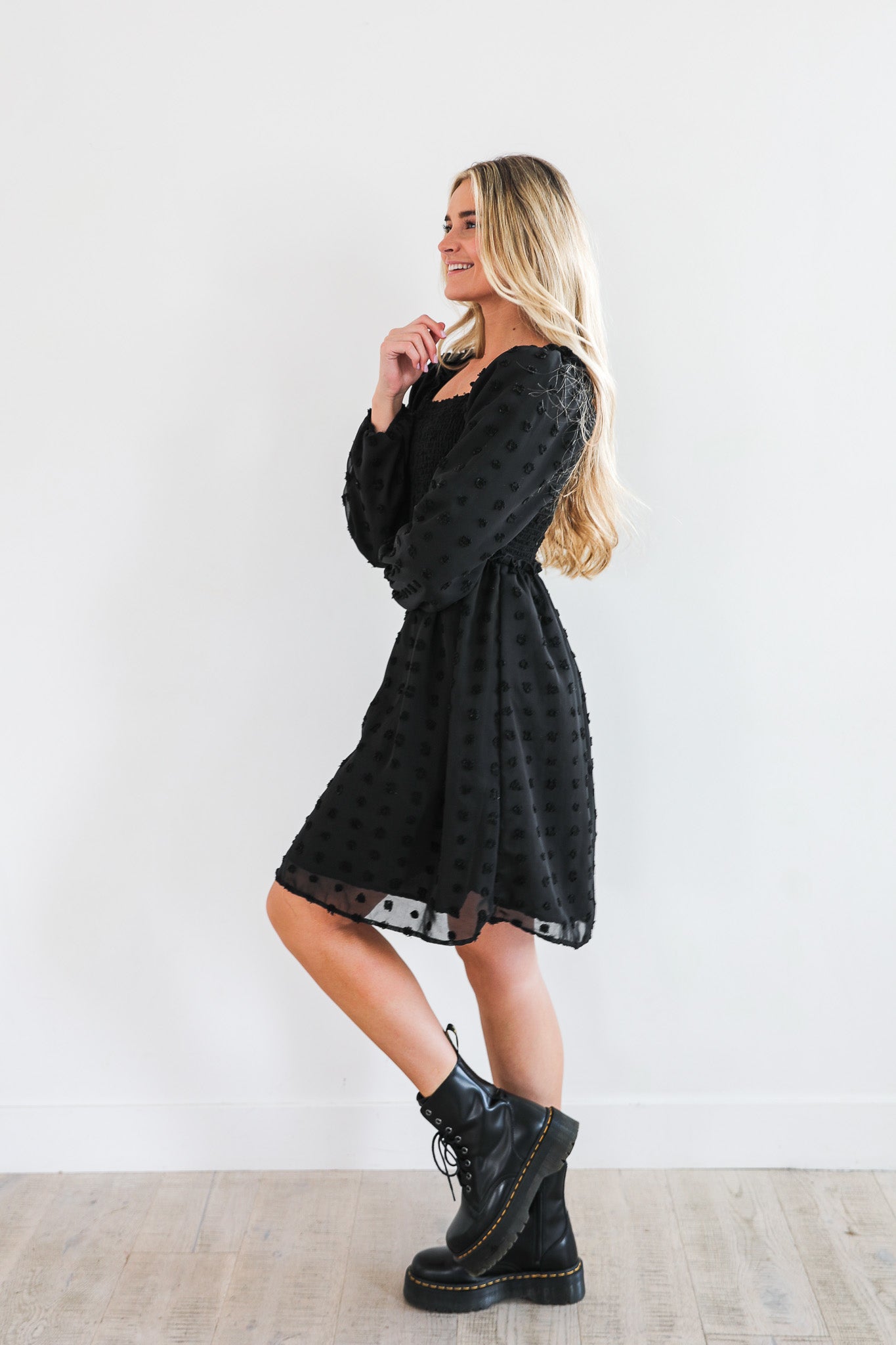 Black swiss shop dot dress