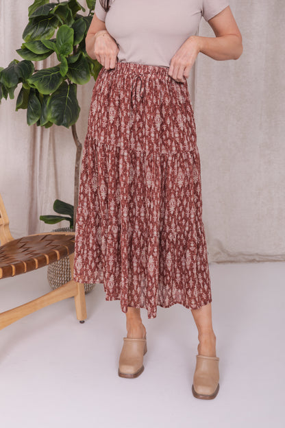 TIERED MAXI SKIRT IN FLORAL DAMASK