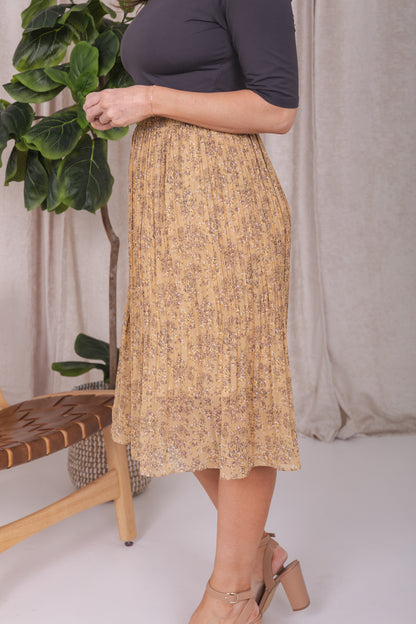 PLEATED MIDI SKIRT IN GOLDEN SPICE WILLOW