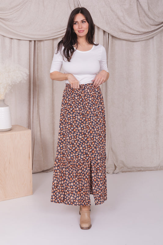 DRAWSTRING MAXI SKIRT IN CORAL FUSION FINAL SALE